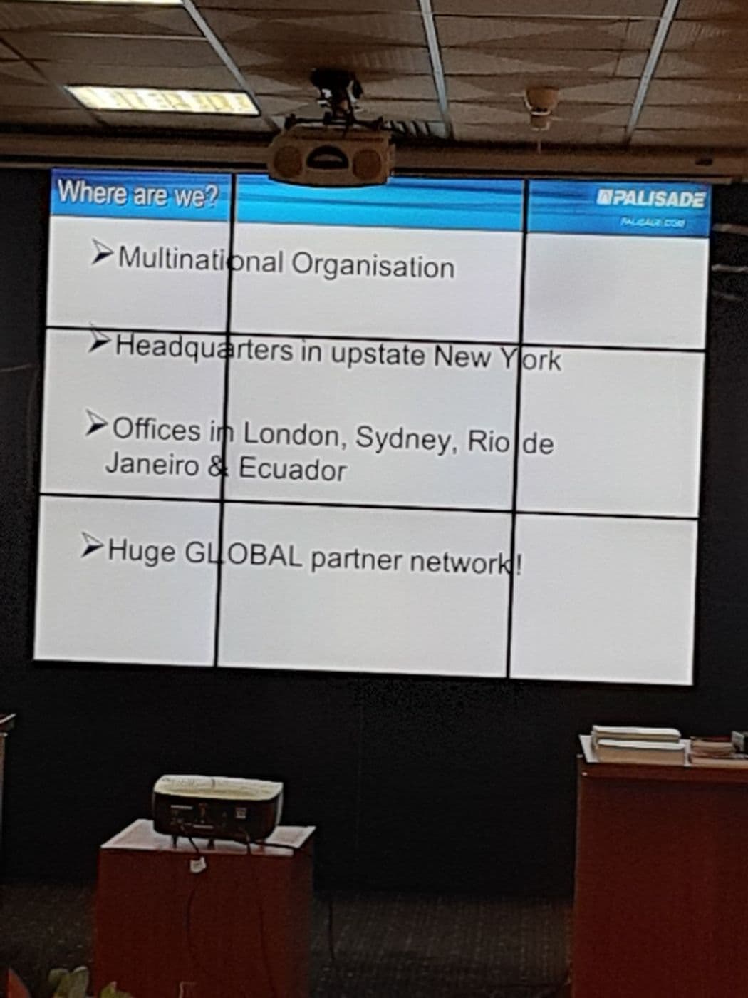 Slide titled “Where are we?” listing Palisade’s offices and partner network