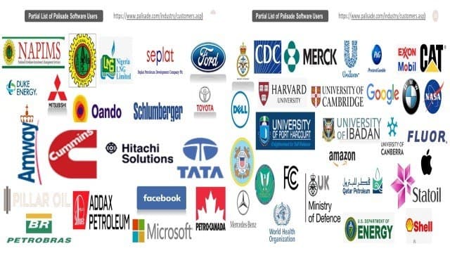 Logos of organisations including NAPIMS, NNPC, Nigeria LNG, Seplat, Oando, Shell, ExxonMobil, Schlumberger, Petrobras, Statoil, Ford, Toyota, Microsoft, Google, Amazon, NASA, the World Health Organization, the UK Ministry of Defence, the US Department of Energy, Harvard, the University of Cambridge and the University of Ibadan